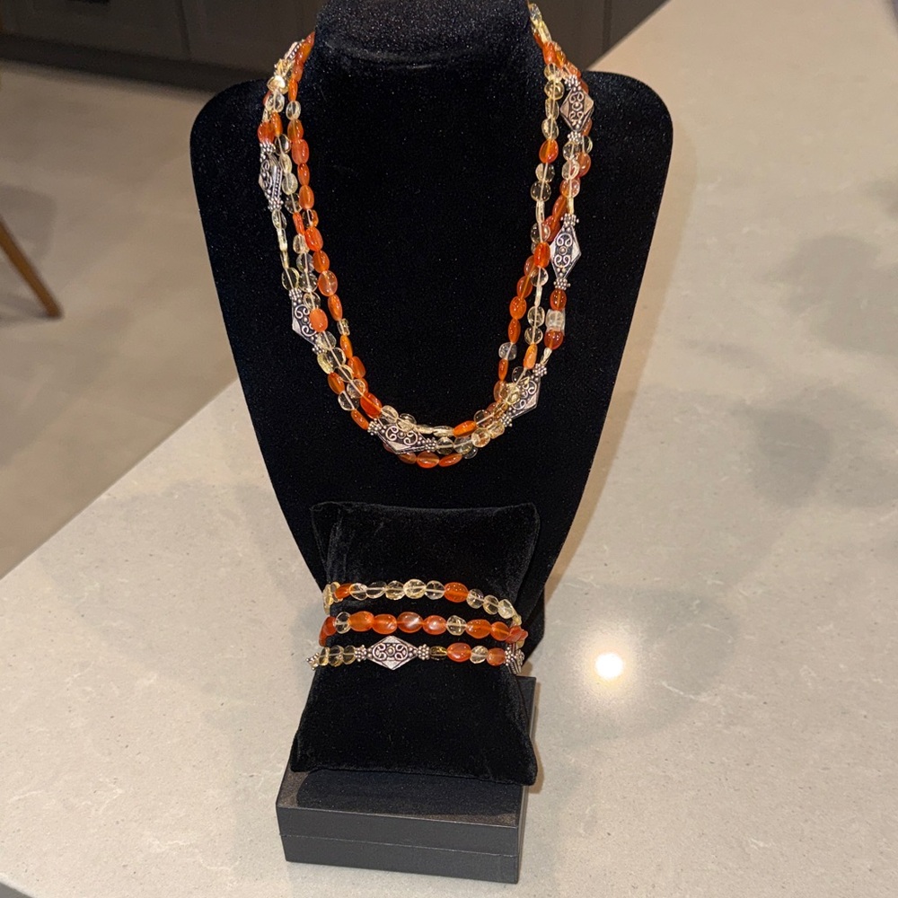 Multi-Strand Carnelian and Citrine Beaded Necklace & Bracelet Set